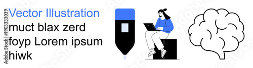 Remote work, education, creative thinking, digital tools, freelance jobs, innovation. A woman using a laptop, a smartphone stylus pen and a brain graphic. Remote work and education concept