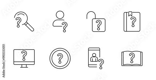 Unknown identity set icon. Magnifier, user, padlock, book, monitor, badge, phone profile, open book showing mystery, hidden data, search, investigation, privacy.