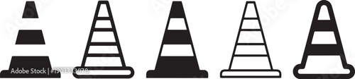 Five black and white stylized traffic cone icons displayed in a horizontal row against a plain white background. Vector