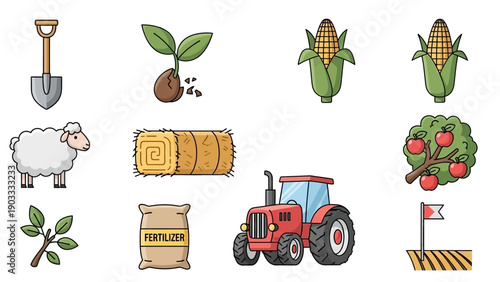 Farm scene with tractor, sheep, and harvest elements in a rural landscape viewed from the side.