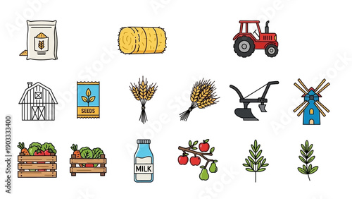 Agricultural icons and symbols representing farming and rural life in a digital illustration
