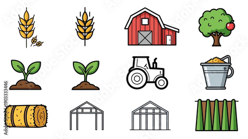 Farm scene with agricultural icons, including barn, tractor, plants, and harvest elements, in a simple graphic style.