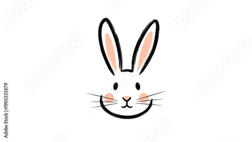 Minimalist illustration of a cute white rabbit face with pink ears and cheeks for Easter and childhood-themed design projects.