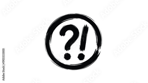 Hand-drawn circle containing a question mark and an exclamation point in a bold brush stroke style for icons and symbols.