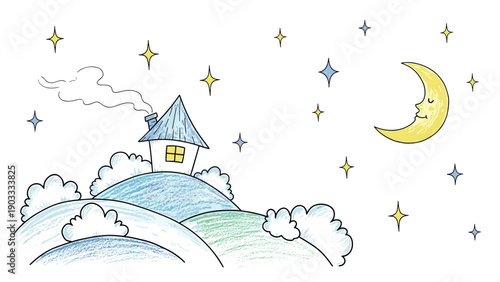 Whimsical colored pencil drawing of a small house on snowy hills under a starry night sky with a crescent moon for winter art.