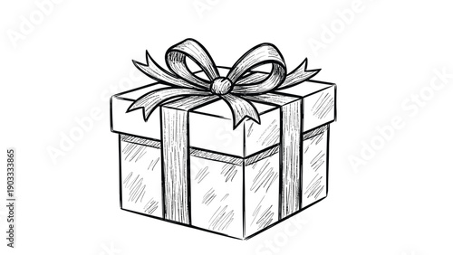 Classic gift box with a large ribbon bow drawn in a detailed vintage engraving style for holidays and special occasion cards.