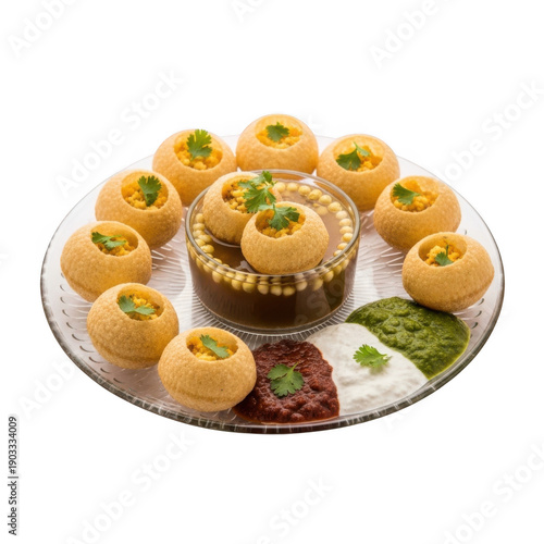 Delicious pani puri dish with various toppings and sauces
