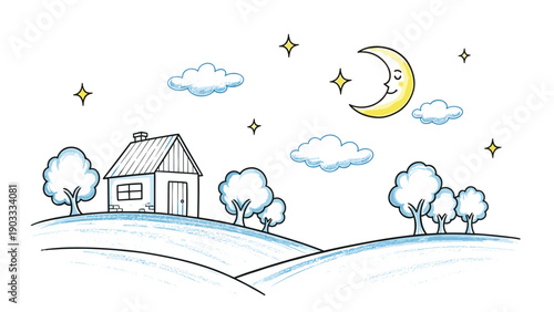 Serene winter scene featuring a small cottage on snowy rolling hills under a starry night sky with a crescent moon for cards.