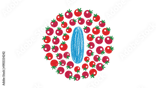 Creative arrangement of small red cherry tomatoes forming a circle around a single blue cucumber for food art and vegetable themes.