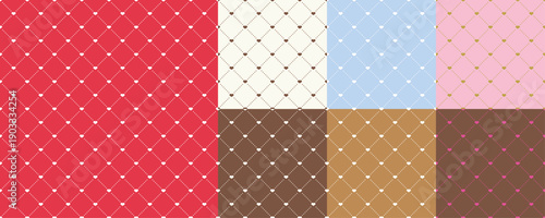 ハート入りキルティング風ダイヤ柄シームレスパターン7色セット (赤・ピンク・ライトブルー・クリームホワイト・ブラウン系)　バレンタインやホワイトデー風の背景素材ベクターイラスト