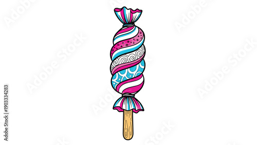 Vibrant and colorful stylized candy treat on a wooden stick featuring intricate patterns and swirls for sweet shop themes.