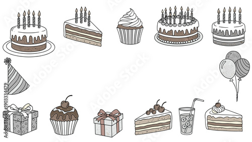 Diverse collection of cakes, slices, cupcakes, and party accessories like hats and balloons in muted earth tones.
