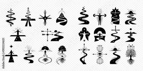 Set of spiritual symbols representing enlightenment, journey, and inner wisdom.