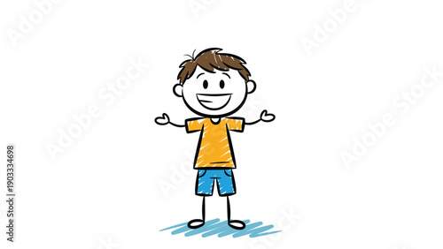 Cheerful stick-figure boy with a big smile wearing an orange shirt and blue shorts standing in a simple sketch.