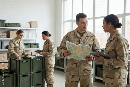 Military personnel planning logistics and strategy in warehouse