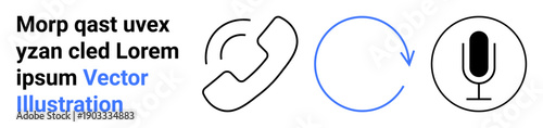 Telecommunications, user interface, voice recording, customer service, refresh, digital communication. Icon set with phone, circular arrow microphone symbols. Telecommunications and user interface