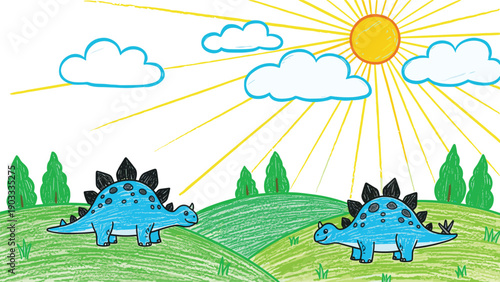 Colorful children-style drawing of two blue stegosaurus dinosaurs in a green hilly landscape under a bright sun.