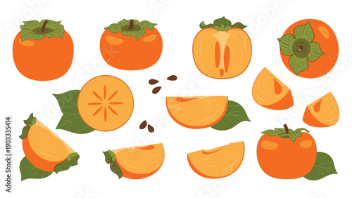 Comprehensive collection of various whole and sliced orange persimmons with green leaves and black seeds on a light background.
