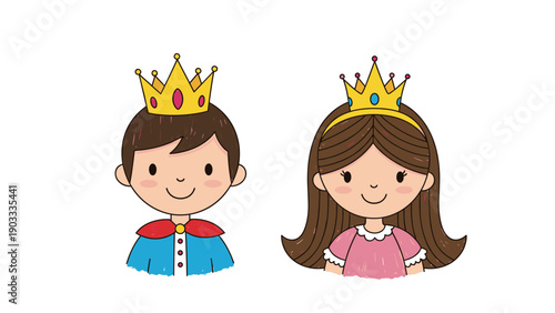 Adorable illustration of a young prince and princess characters wearing golden crowns and royal attire for a storybook.