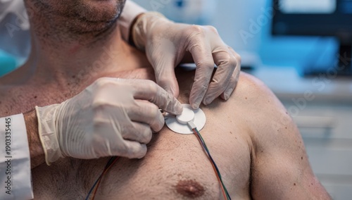 Close-up of medical professional's gloved hands applying EKG electrodes to a male patient's chest for a heart rhythm diagnostic test in a sterile clinical environment for wellness and prevention.