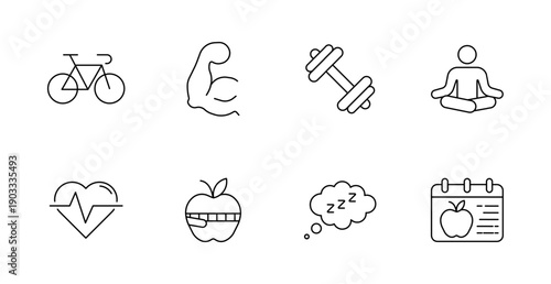Wellness set icon. Bicycle, arm flex, dumbbell, person meditating, heart rate, apple, sleep thought, meal calendar shown in active health style.