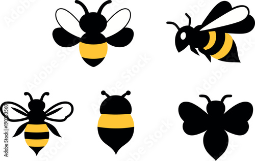 Set of cute cartoon bee icons featuring yellow honey insects with wings flying near nature elements like flowers and various bugs in a vector illustration