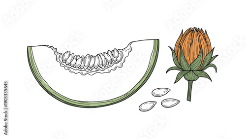 Cantaloupe melon slice and seeds are shown with a flowering blossom in a detailed vintage engraving style illustration.