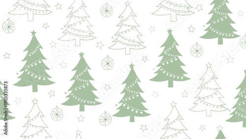 Festive seamless pattern features light green Christmas trees and hanging ornaments scattered on a white background.