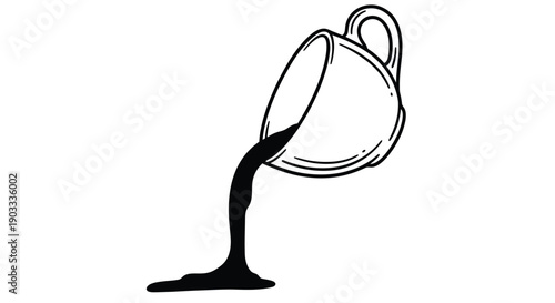 A black liquid pours out of a white cup onto a white surface.