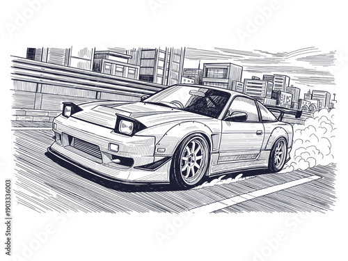 Aggressive JDM Drift Car Illustration: Hand-Drawn Sketch of a Sportscar Performing a Tire Burnout in an Urban Setting.