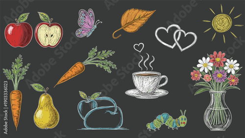 Chalkboard style drawing collection features colorful icons like apples, butterflies, flowers, coffee, and a caterpillar.