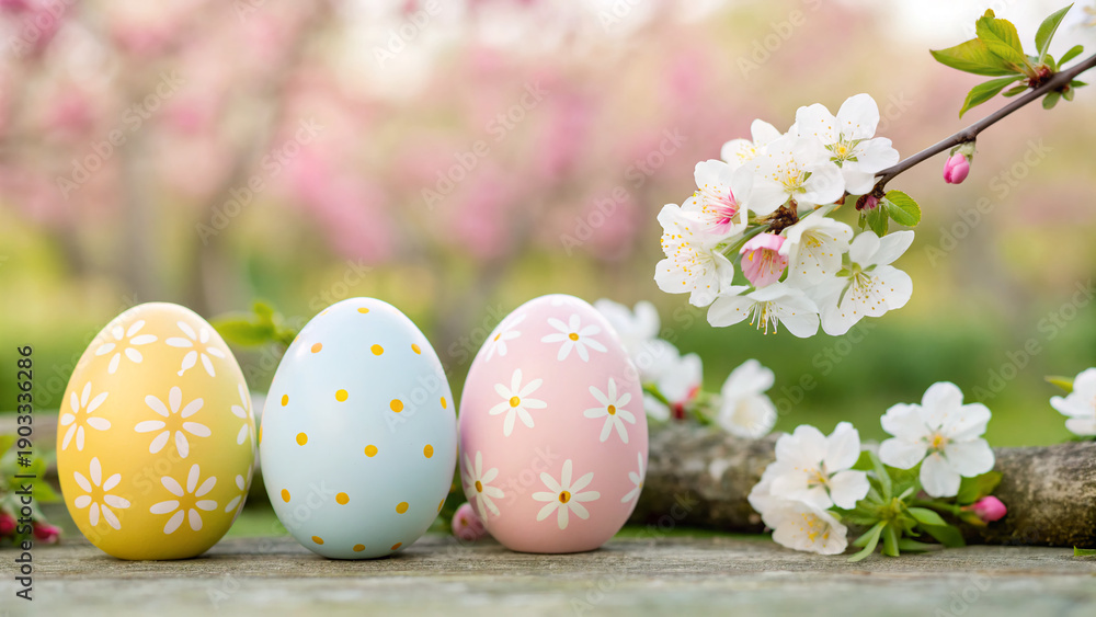 Fototapeta premium Colorful Easter eggs and spring flowers on a wooden table in a garden on a sunny day
