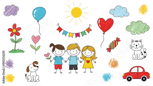 Childlike doodle collection includes children holding hands, animals, sun, balloons, hearts, and colorful scribbles.