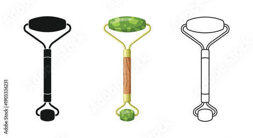 Set of three jade roller facial massager icons in silhouette, color, and outline