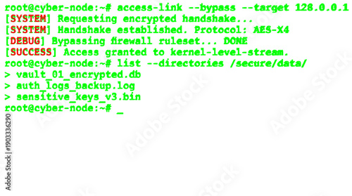 Cybersecurity terminal command line interface with scrolling code on black background