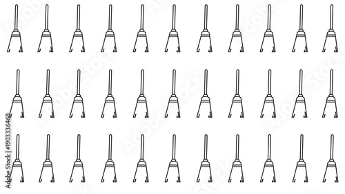 Monochrome pattern featuring rows of simple line art broom or mop icons representing cleaning and household chores on a white background.