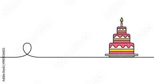 A single line draws a festive tiered cake with a lit candle on a white background.