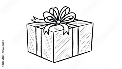 Classic black and white line drawing of a wrapped gift box topped with a large and decorative ribbon bow on a white background.