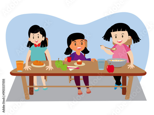 cheerful children sitting side by side dining table school