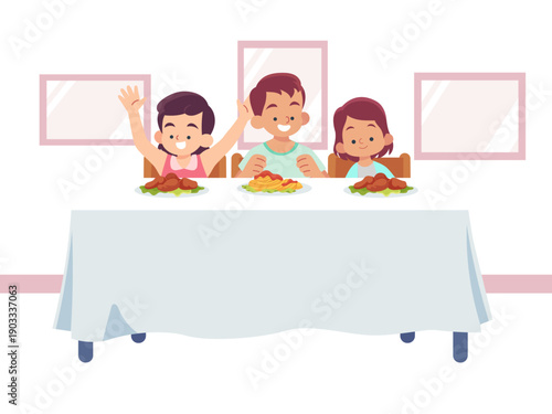 cheerful children sitting side by side dining table school