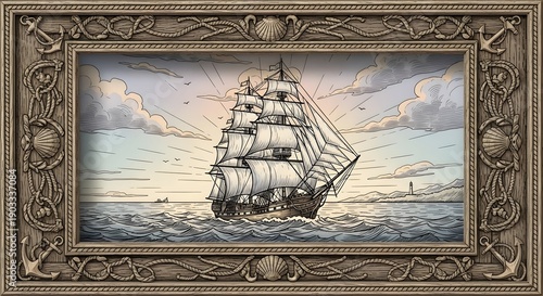 Vintage Sailing Ship Sailing on Rough Sea in Ornate Wooden Frame
