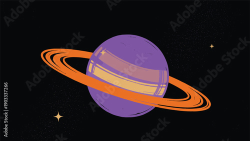 Majestic purple planet with golden rings floating in the vastness of deep space surrounded by distant stars and cosmic dust.