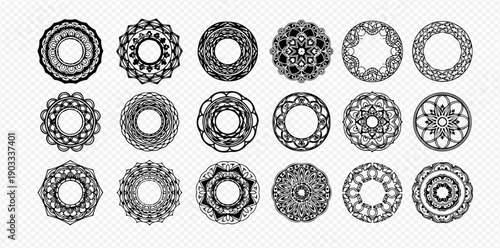 Collection of intricate black and white mandala patterns for decorative design elements.