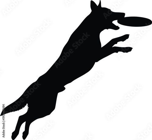 Dynamic Silhouette of a Dog Catching a Frisbee in Mid-Air for Pet-Themed Designs