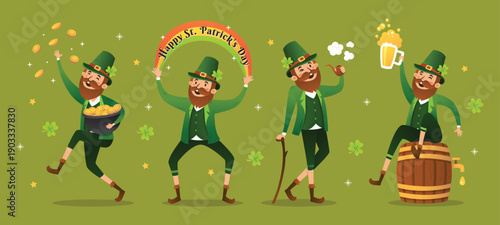 Four leprechauns celebrating st patrick s day with beer gold and festive cheer