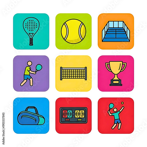 Colorful flat tennis symbols collection for apps, UI, sports posters, tournaments, and fitness branding.
