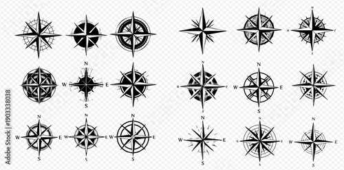 Set of vintage nautical compass roses for navigation and travel design elements.