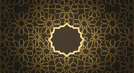 Intricate golden Islamic geometric pattern on a dark background with a central empty space for text or logos
