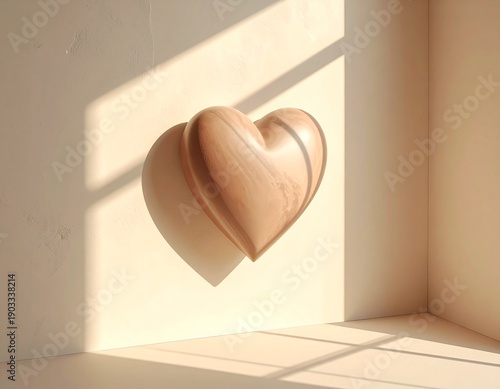 Minimalist 3D heart sculpture on beige wall with natural sunlight and window shadows, modern aesthetic interior decor,