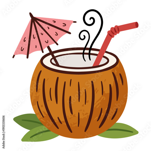A whole coconut filled with a refreshing drink topped with a pink patterned umbrella and a red straw with green leaves underneath tropical cocktail refreshment beverage summer